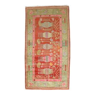 Early 20th Century Zabihi Collection Bright Pink Green Samarkand Khotan Rug - 5'7" x 11'9" For Sale