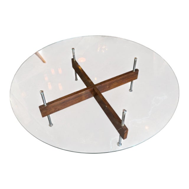 Italian Round Glass Coffee Table With Wood X-Base For Sale