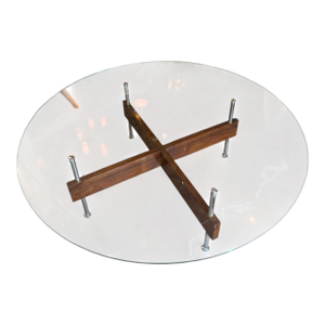 Italian Round Glass Coffee Table With Wood X-Base