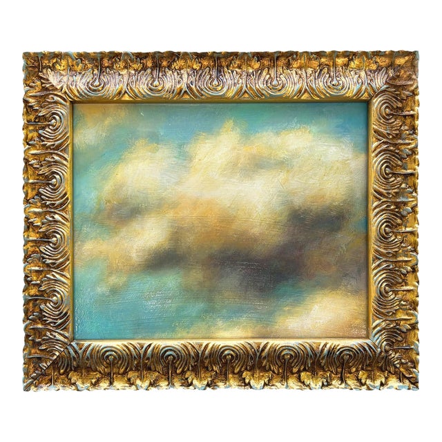 Contemporary Plein Air "Clouds and Sky" Oil Painting in Vintage Gold Frame For Sale