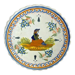 Vintage Quimper Woman W/Pipe & Floral Plate