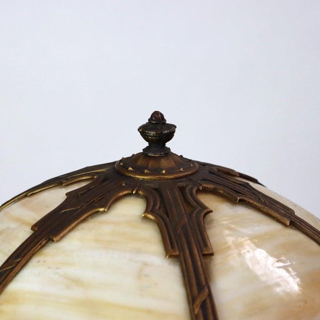 1920s 1920 Bradley & Hubbard School Arts & Crafts 6 Panel Slag Glass Lamp For Sale - Image 5 of 10