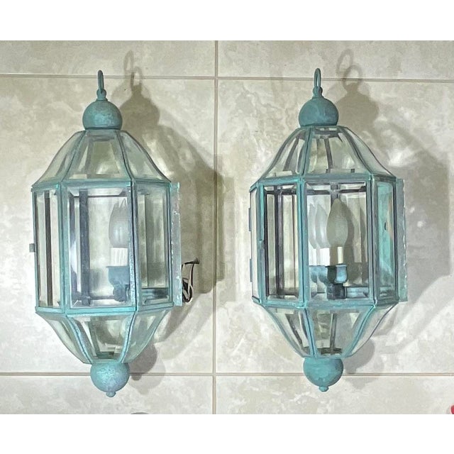 1960s Pair of Vintage Solid Brass & Beveled Glass Wall Lantern - Sconces - Verdigris For Sale - Image 5 of 17
