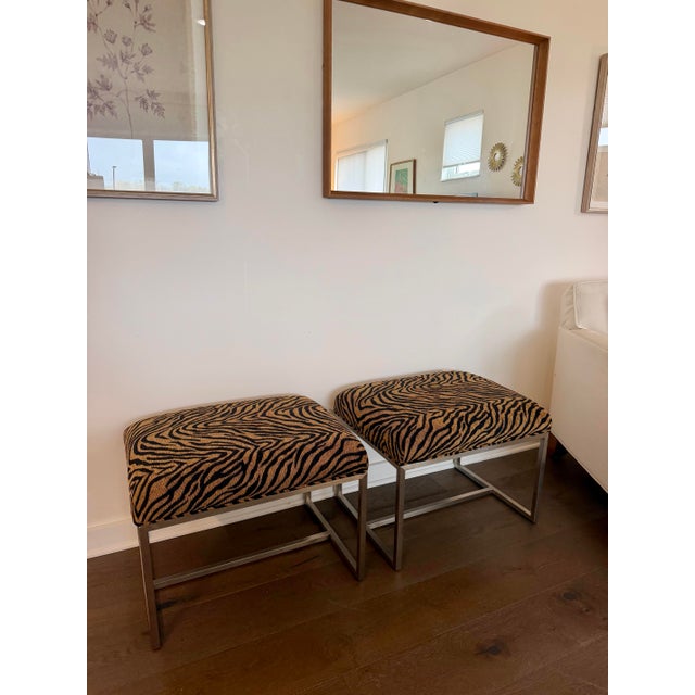 Mid-Century Modern Pair of Ethan Allen Black & Gold Tiger-Print Ottoman Stools For Sale - Image 3 of 9