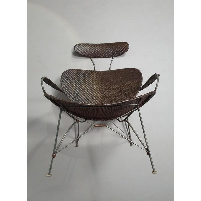 Brown Rattan and Metal Lounge Chair by Yuzuru Yamakawa, 1980s For Sale - Image 10 of 11