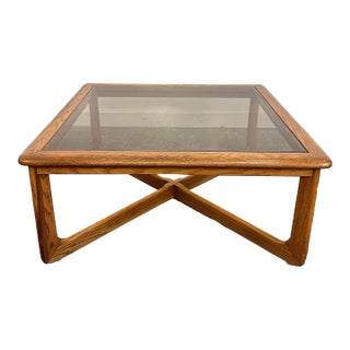 Mid Century Modern Lane Perception Smoked Glass Top and Oak Coffee Table For Sale