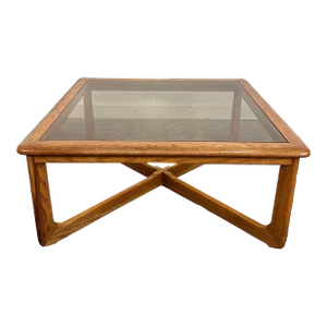 Mid Century Modern Lane Perception Smoked Glass Top and Oak Coffee Table