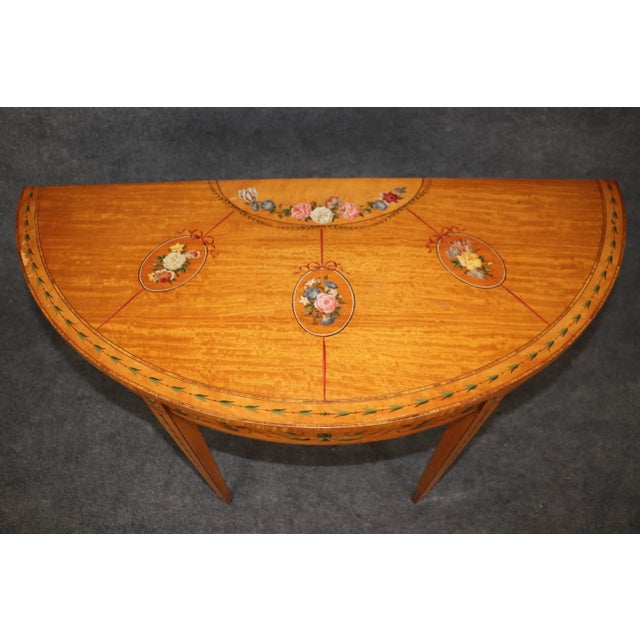 Adams Style Paint Decorated English Satinwood Demilune Console Table For Sale - Image 4 of 10