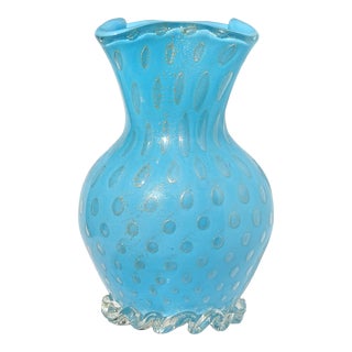 Vintage Barbini Murano 1950s Blue Bubbles Gold Flecks Italian Art Glass Pinched Rim Flower Vase For Sale