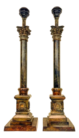 Heavy Faux Marble Iron Corinthian Style Column Table Lamps, 1960s, Set of 2