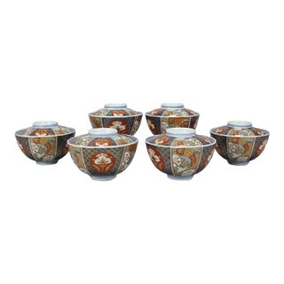 Japanese Imari Porcelain Covered Rice or Soup Bowl With Lid Set of 6 For Sale