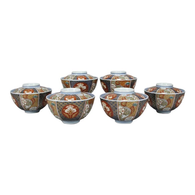 Japanese Imari Porcelain Covered Rice or Soup Bowl With Lid Set of 6 For Sale