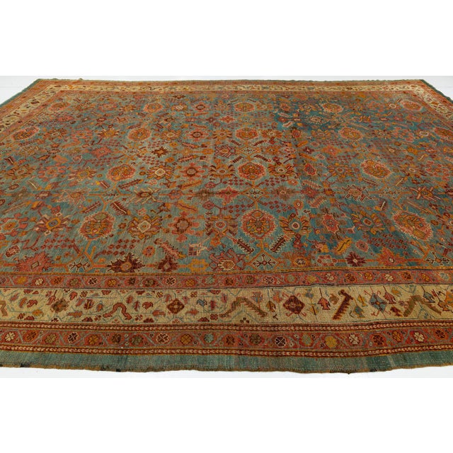 Antique Turkish Oushak Rug - Large Hand-Knotted With Muted Teal & Earth Tones For Sale - Image 4 of 11