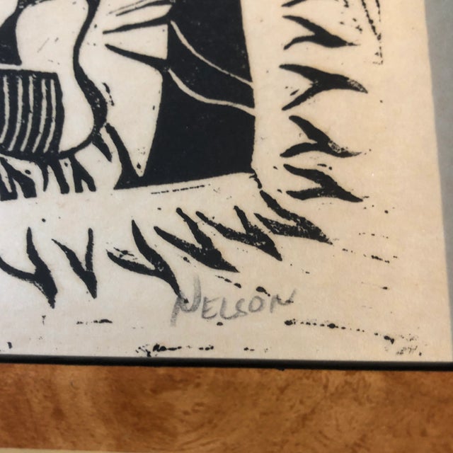 Mid-Century Modern Original Vintage Ralph Nelson Small Wood Block Mid Century Modern Print Signed Vintage Frame For Sale - Image 3 of 5