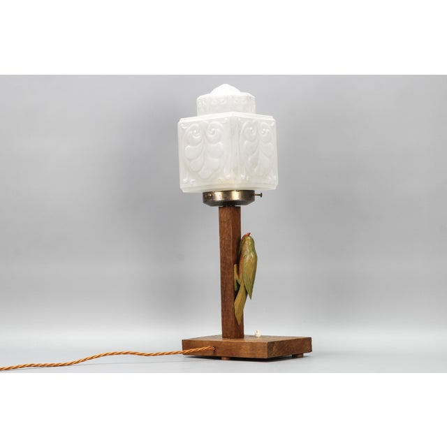 Brown Art Deco Wooden and Frosted Glass Table Lamp with a Woodpecker, 1930s For Sale - Image 8 of 18