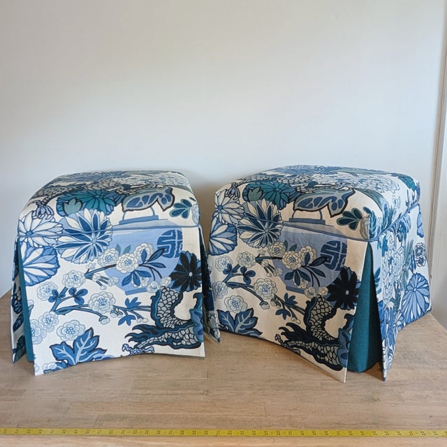 Schumacher Chiang Mai Dragon Skirted Ottomans in China Blue - Pair For Sale - Image 12 of 13