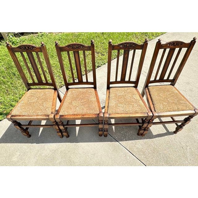 Antique Early 20th Century Carved Oak Jacobean Revival Side Dining Chairs-Set of 4 For Sale - Image 4 of 12