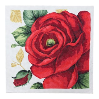 Vintage Floral Needlepoint Textile Art – Bold Red Rose Blossom and Botanical Leaf Motif For Sale