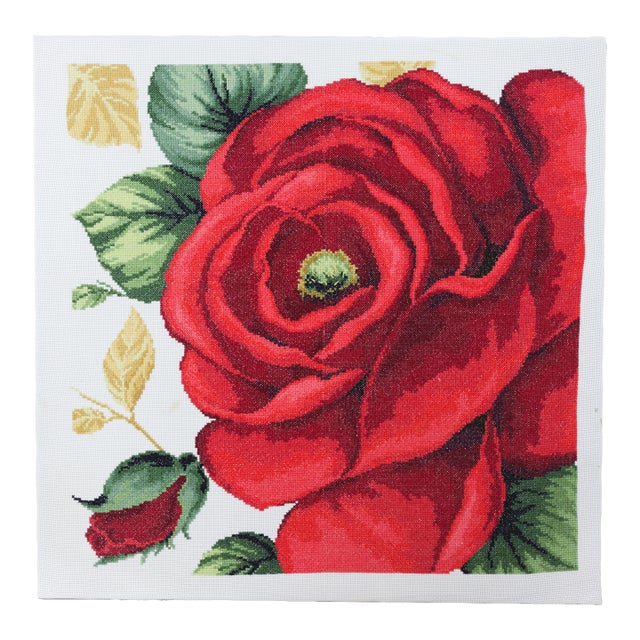 Vintage Floral Needlepoint Textile Art – Bold Red Rose Blossom and Botanical Leaf Motif For Sale