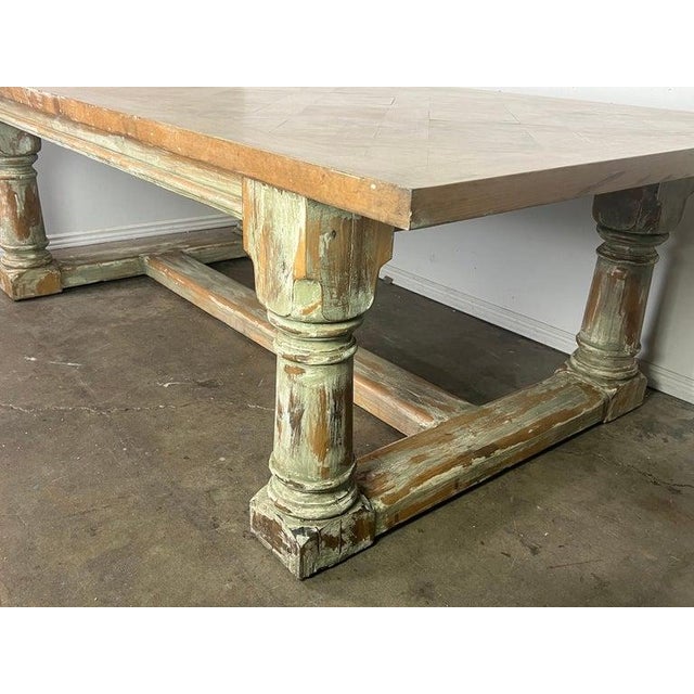 Wood Rustic Painted Dining Table W/ Herringbone Pattern Top For Sale - Image 7 of 11