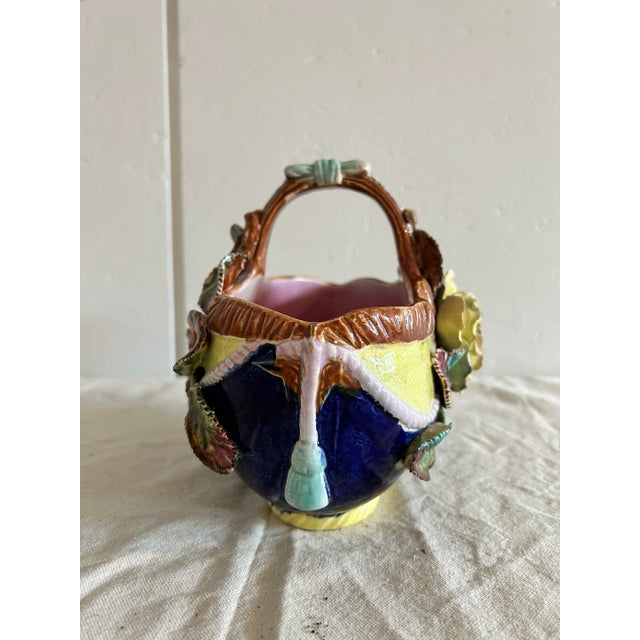 Antique French Barbotine Majolica Basket Vase Applied Rose Vase For Sale - Image 11 of 12
