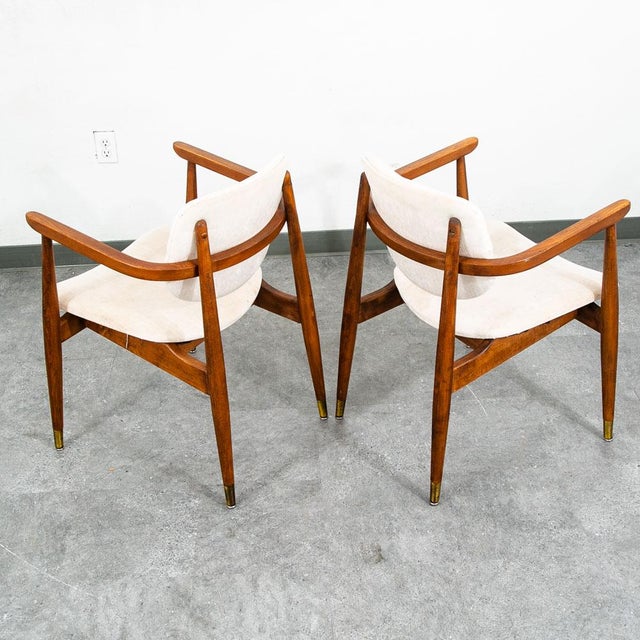Mid Century Modern Armchairs Dining Chairs Walnut Wood 2 Two White American Pair For Sale - Image 10 of 12
