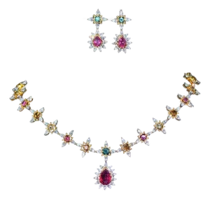 Certified Natural 18.6cts vs F Diamond Tourmaline 18k Solid Gold Necklace Earrings Set