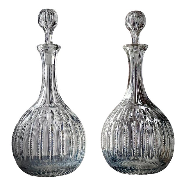 Antique Cut Glass Decanters with Faceted Stoppers, 1890s, Set of 2 For Sale