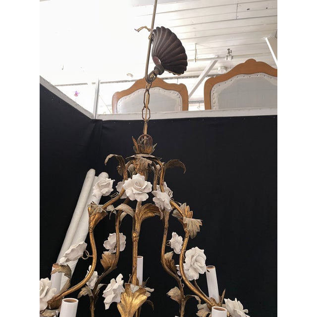 1950s Italian Birdcage Tole Chandelier With White Porcelain Roses For Sale In Philadelphia - Image 6 of 8