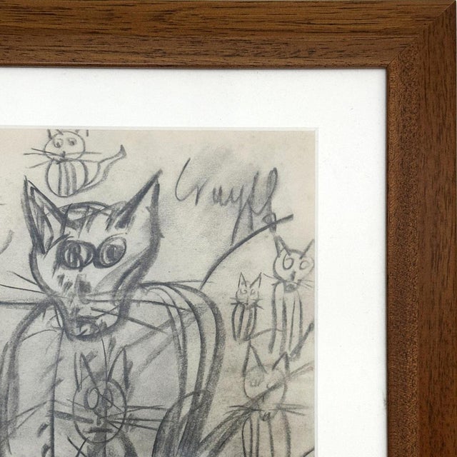 Dutch Artist, Expressive Cat with Kittens, Pencil Drawing, 1966, Framed For Sale - Image 4 of 11
