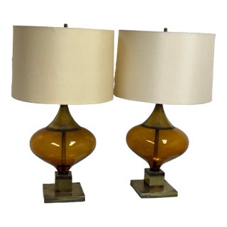 Italian Murano Inspired Amber Glass Table Lamps, Pair For Sale