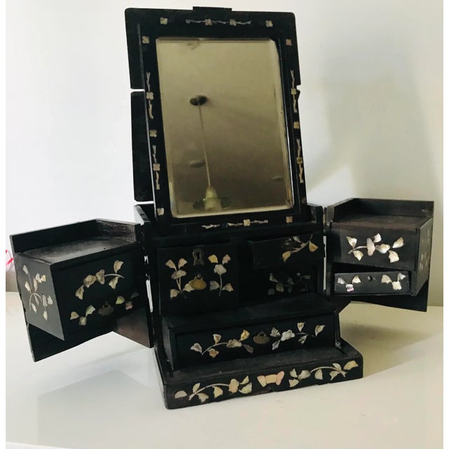 Antique Chinese Hardwood Rosewood Jewelry Chest with Shell mother of Pearl inlay.