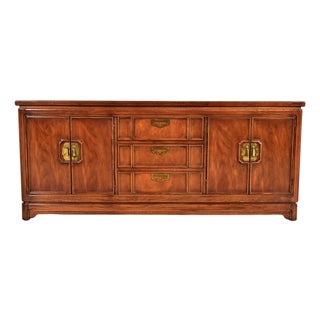 Thomasville Mid-Century Hollywood Regency Chinoiserie Walnut Long Dresser or Credenza, Circa 1970s For Sale