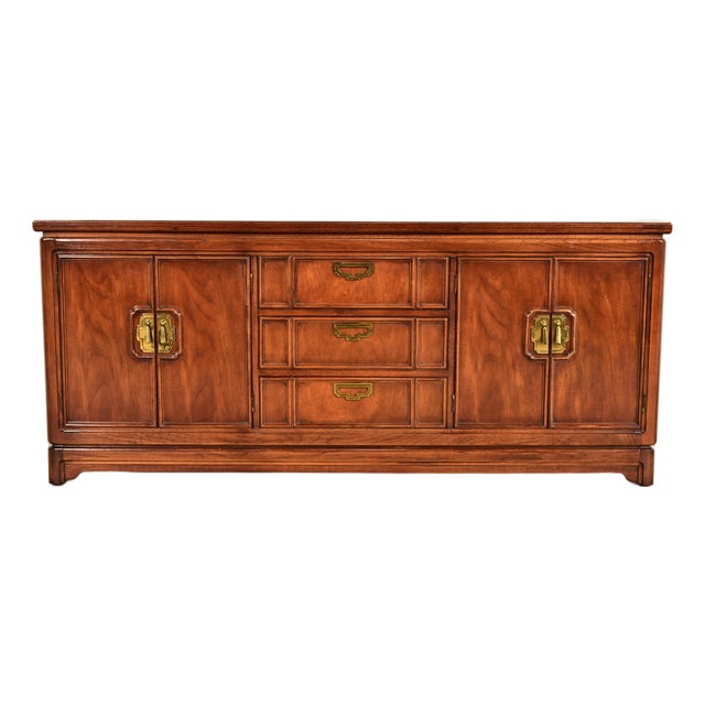 Thomasville Mid-Century Hollywood Regency Chinoiserie Walnut Long Dresser or Credenza, Circa 1970s For Sale
