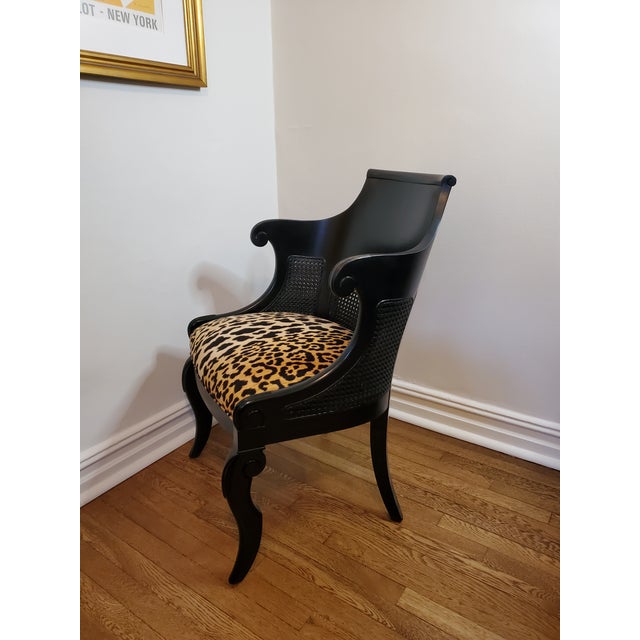 1950s Vintage Regency Style Cane Back Barrel Chair With Leopard Seat For Sale - Image 5 of 7