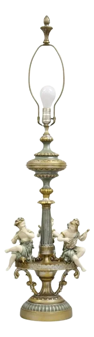 Vintage French Victorian Renaissance Figural Cherub Musician Metal Table Lamp