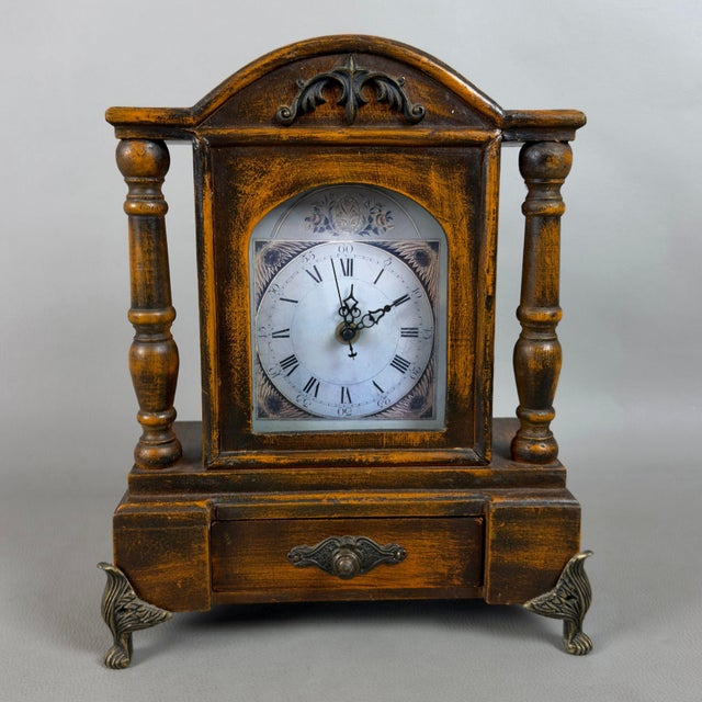 Vintage Table Clock Support Pendulum Temple Wood Columns Drawer For Sale - Image 11 of 11