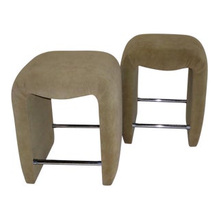 1970s Mid-Century Modern Faux Ostrich Upholstered Stools - a Pair For Sale