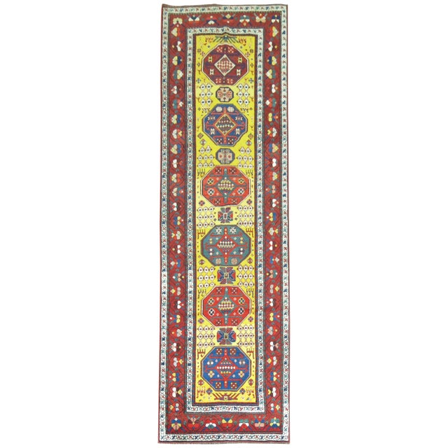 Light Yellow Sunny Yellow Handwoven Early 20th Century Antique Karabagh Caucasian Runner For Sale - Image 8 of 18