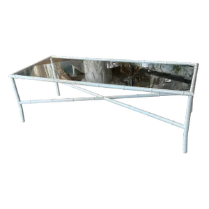 Vintage Faux Bamboo Metal Newly Powder-Coated White Coffee Cocktail Table Glass