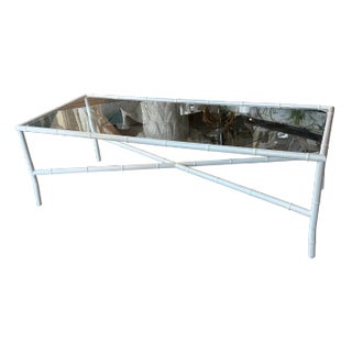 Vintage Faux Bamboo Patio Outdoor Metal Newly Powder-Coated White Coffee Cocktail Table For Sale