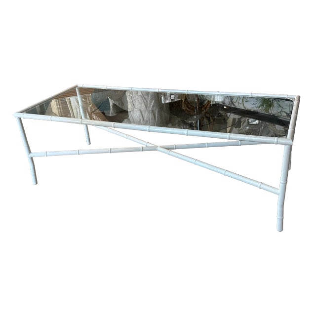 Vintage Faux Bamboo Patio Outdoor Metal Newly Powder-Coated White Coffee Cocktail Table For Sale