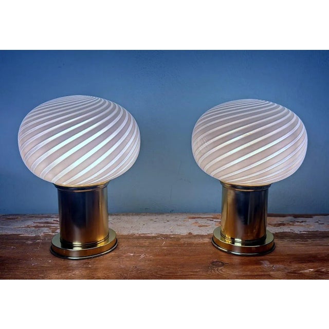 Vintage Italian Table Lamps With Brass Base and Murano Glass Sphere - a Pair For Sale - Image 6 of 17