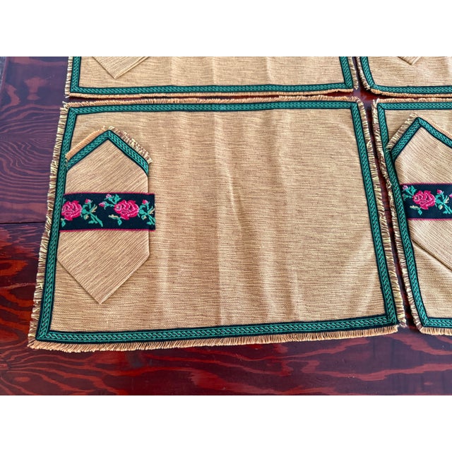 Anthropologie Vintage Gold Woven Placemats and Napkins With Embroidered Rose Bands, 4 Sets For Sale - Image 4 of 6