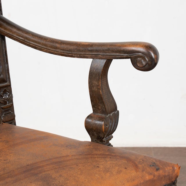 Late 19th Century Swedish Oak Carved Armchair With Vintage Leather For Sale - Image 9 of 16
