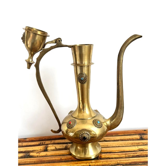 Brass Vintage Brass Moroccan Brass Tea Set – 8 Pieces | Gemstone Inlay For Sale - Image 8 of 12