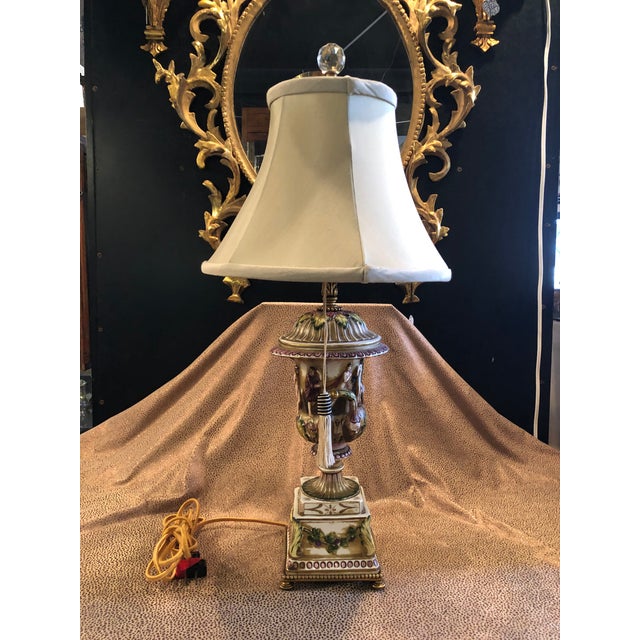 Italian Vintage Italian Porcelain Figural Hand Painted Gilt Table Lamp With Shade For Sale - Image 3 of 13