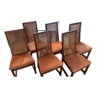 1970's Bernhardt Mid-Century Modern Oak & Cane High Back Dining Chairs - Set of 6 For Sale