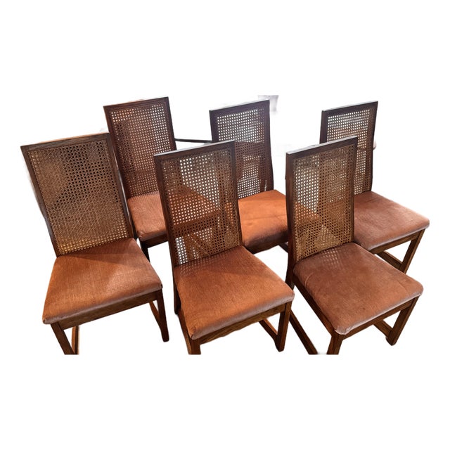 1970's Bernhardt Mid-Century Modern Oak & Cane High Back Dining Chairs - Set of 6 For Sale