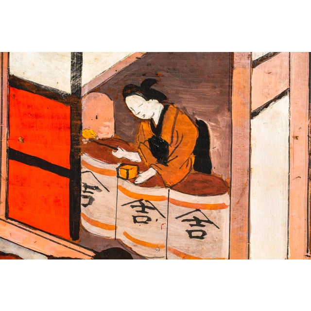 Incredible Antique Japanese Hand Painted Tsuitate Wood Table Screen Traditional Sake Brewery Scene Japan Asian Home Decor For Sale - Image 4 of 16
